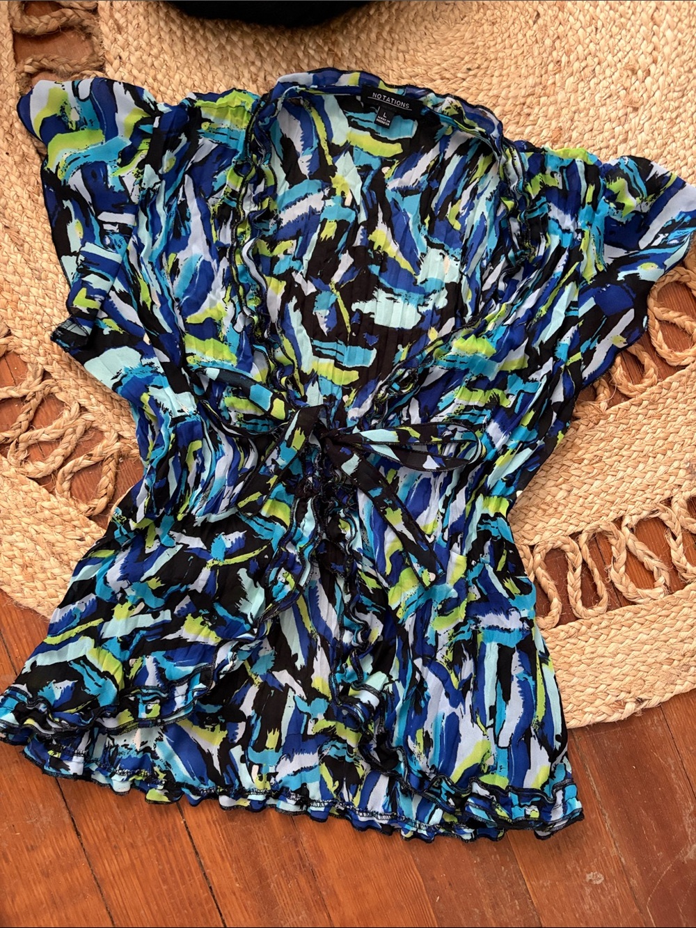 Notations Blue, Green and Black Abstract Tie-Front Flutter Blouse
